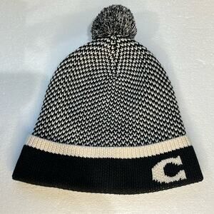 Coach Color-block Beanie  Black White Pom Pom Hat Wool Blend One Size